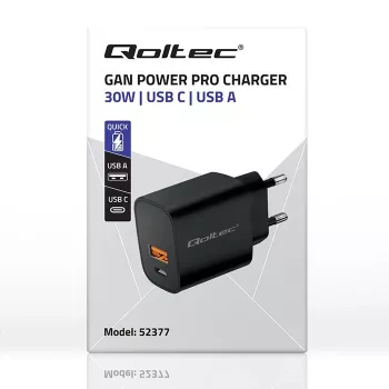 Voeding QOLTEC 52377 GaN 30W uitgang 5–20V voor draagbare apparaten