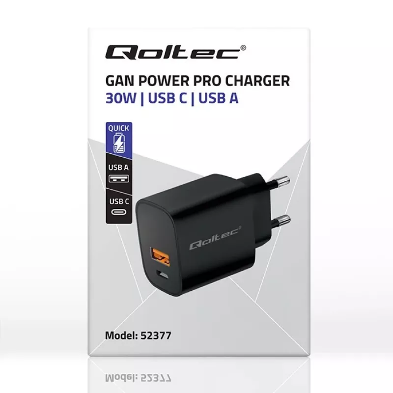 Voeding QOLTEC 52377 GaN 30W uitgang 5–20V voor draagbare apparaten
