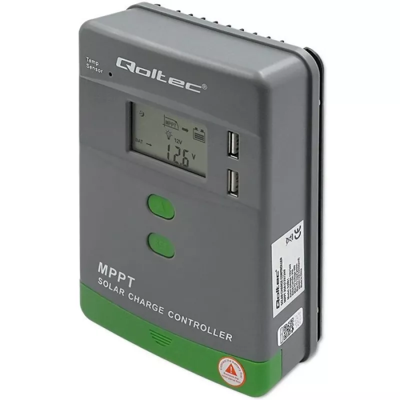 Qoltec, solar MPPT-laadregelaar met temperatuursensor 20A 12V/24V display LCD 2 X USB