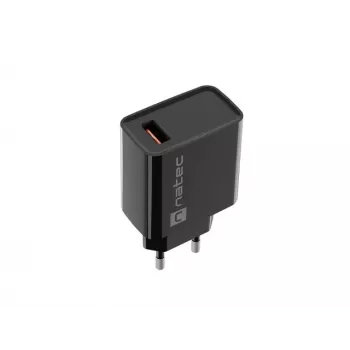NATEC AC-snellader voor binnen, bedraad, Ribera – 18 W (5–15 V, tot 3 A), 1× USB-A, Huawei FCP/SCP, zwart