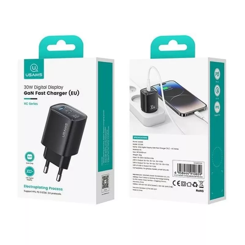 USB- en USB-C 30W GaN-snellader usams CC229 wit — LED-indicator, compact ontwerp