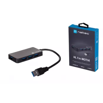 USB-hub NATEC Moth 4-poorts USB 3.2 Gen 1 Type-A (5000 Mbit/s), USB-gevoed, zwart, 0,15 m kabel