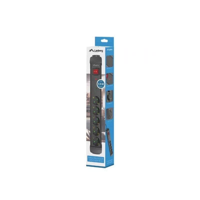 Stekkerdoos Lanberg SP1-05F-0150-BK 1,5 m 5 AC-aansluitingen binnen zwart