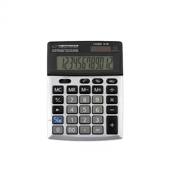 Desktop tafelrekenmachine ESPERANZA ECL102 — 12-cijferig, 1-regelig display, batterijgevoed, kantelbaar scherm, zwart/grijs