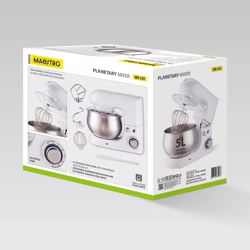 Planetaire mixer Maestro MR-559 keukenmachine, 5,0 L RVS-kom, 2000 W, 6 snelheden, draaiknop