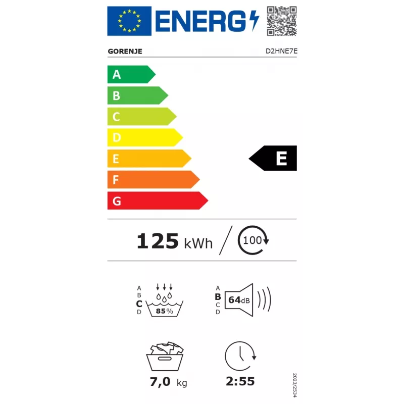 Gorenje wasdroger | D2HNE7E | energie-efficiëntieklasse E | frontlader | 7 kg | warmtepomp | LED | diepte 51 cm | wit