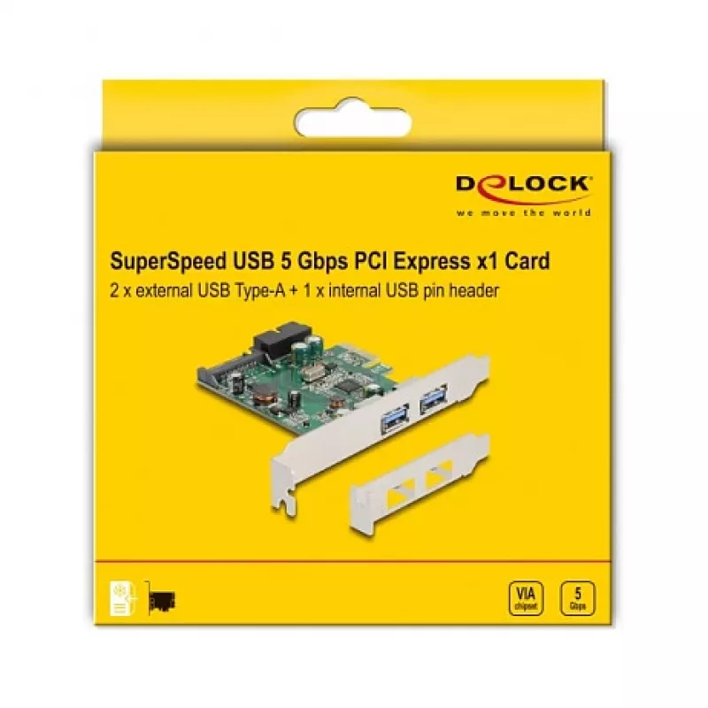 DeLOCK PCI Express x1-kaart naar 2 x USB 3.2 Gen 1 Type-A + 1 x interne 19-pins header