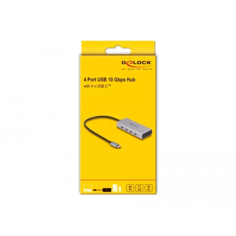 DELOCK USB hub 10 Gbps Type-C 4 poorten PD 85W 30cm kabel