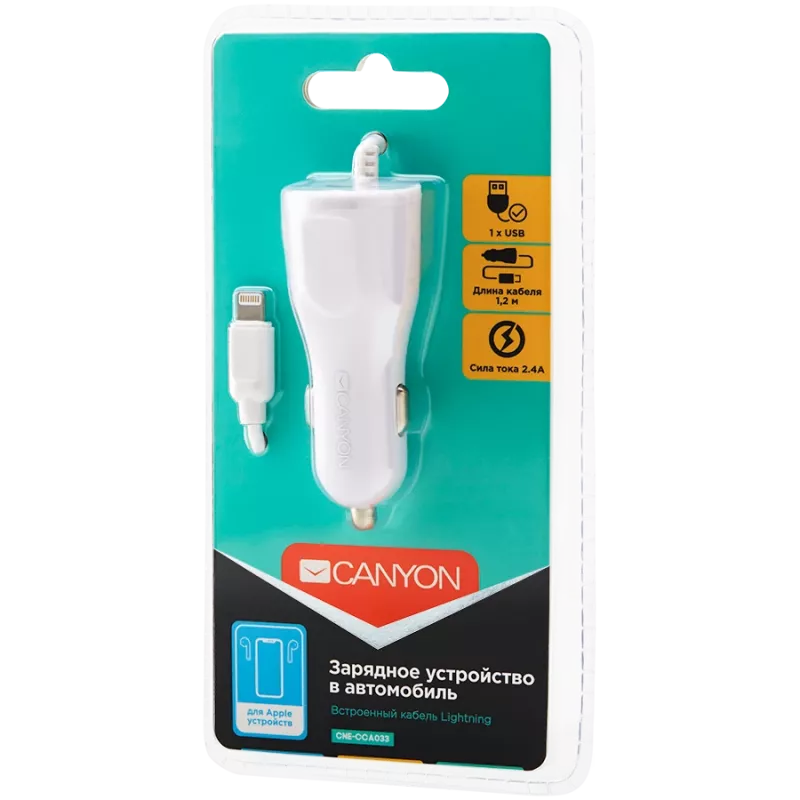 CANYON Autolader C-033 2,4A/USB-A met geïntegreerde Lightning-aansluiting Wit
