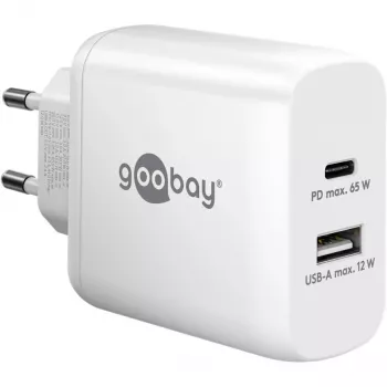 USB-C dual-snellader, PD, GaN, 65 watt (wit, 1x USB-C, 1x USB-A, Power Delivery)