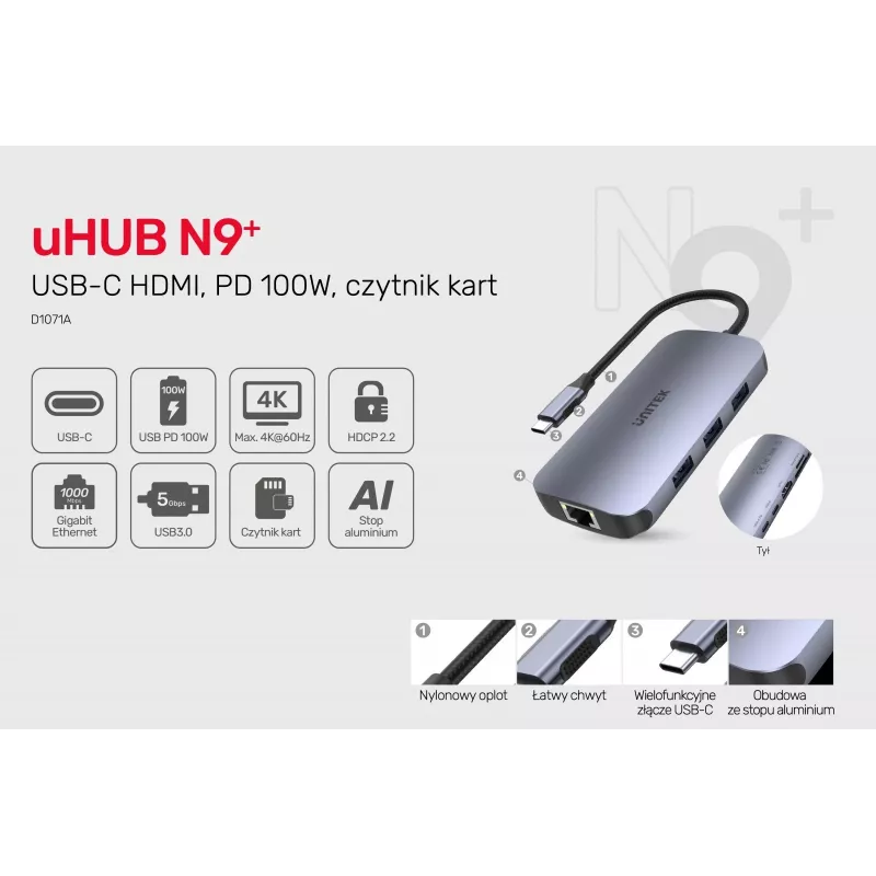 UNITEK D1071A interface-hub USB 3.0 SuperSpeed 5 Gb/s zilver