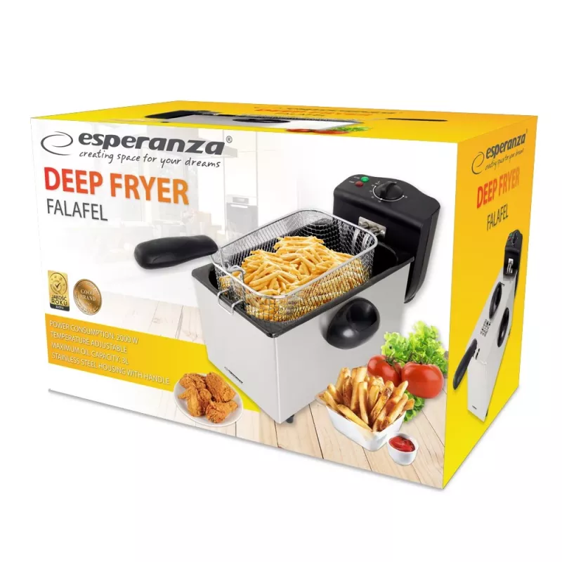 Friteuse ESPERANZA FALAFEL Single 3 L — roestvrijstalen bak, 2200 W, instelbare thermostaat