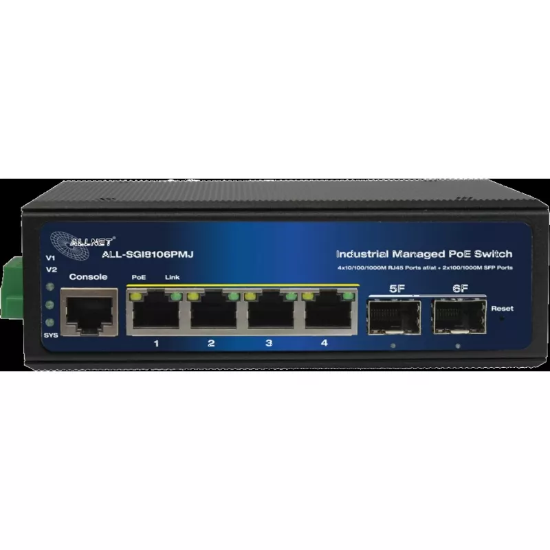 Industriële PoE switch ALLNET ALL-SGI8106PMJ-BT — 6-poorts (4 PoE+), robuuste metalen behuizing