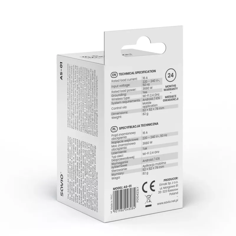 Slim stopcontact SAVIO AS-01 16A Wi-Fi 2,4 GHz, stekker type E/F, 220–240 V, 3680 W, wit