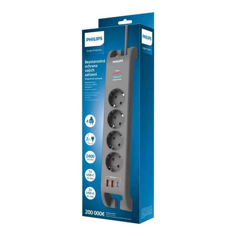 Stekkerdoos overspanningsbeveiliging Philips 4-voudig 2 m kabel 3×US