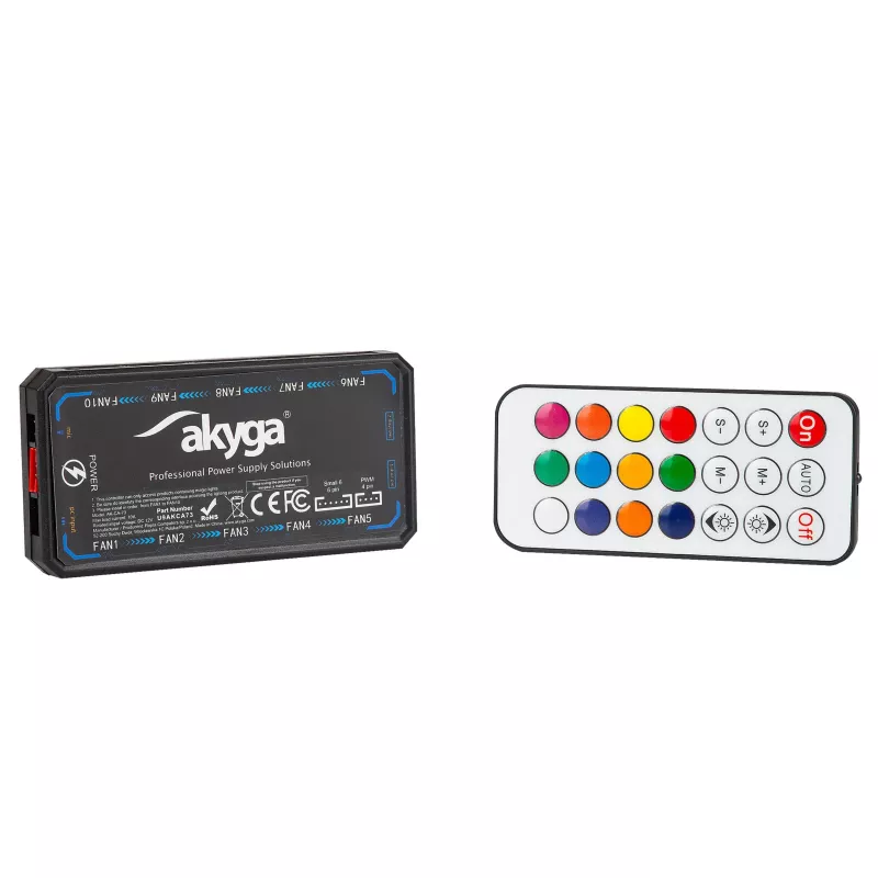 Akyga AK-CA-73 RGB-ventilatorcontroller met afstandsbediening, 12 aansluitingen (10 ventilatoren + 2 LED-strips), Molex-stroomvoorziening
