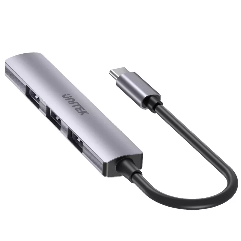 USB-C-hub Unitek H1208B — 1x USB-A 5 Gbit/s, 3x USB-A 2.0, USB-C-host, aluminium behuizing, 0,20 m kabel