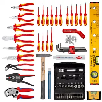 Monteurswerkzeugsets Knipex 00 21 06 — 68 gereedschappen, inclusief punt- en waterpomptang, rood/gele gereedschappen, zwarte koffer (515×438×265 mm)