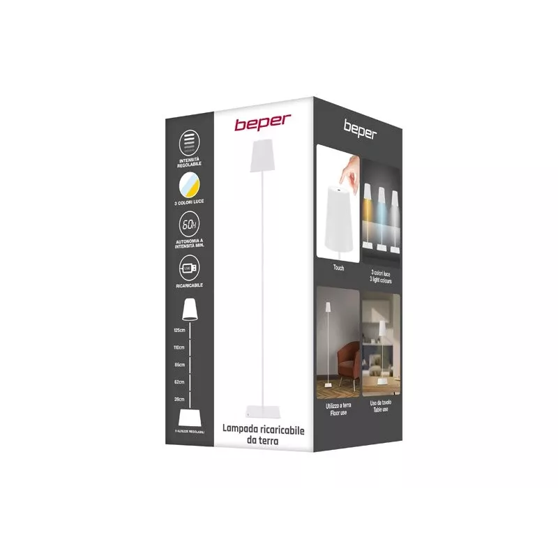 Beper P201UTP404 oplaadbare LED-vloerlamp, in hoogte verstelbaar, 2,5 W, dimbaar, metaal, wit