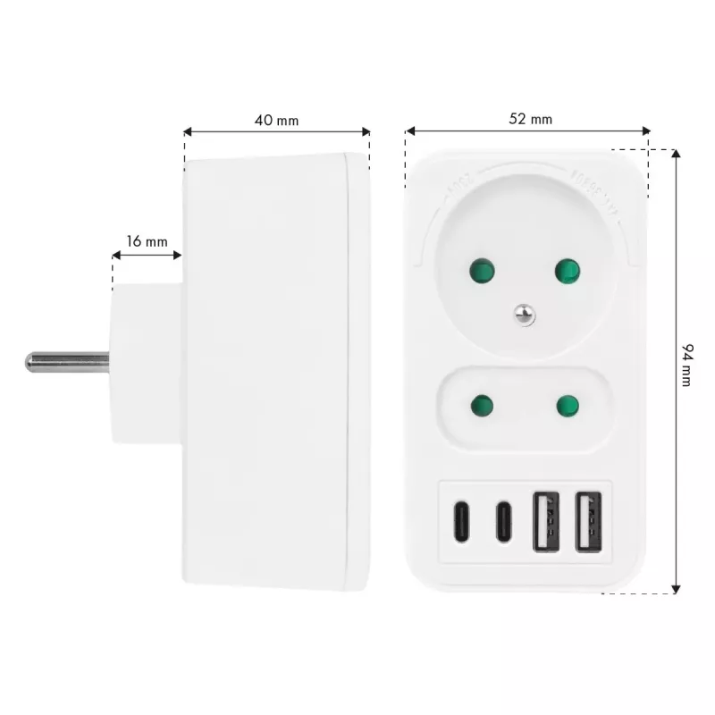 Power splitter MACLEAN MCE249 F/W – 2x stopcontacten (16A + 6A) en 4x USB (2x A, 2x C PD 20W)