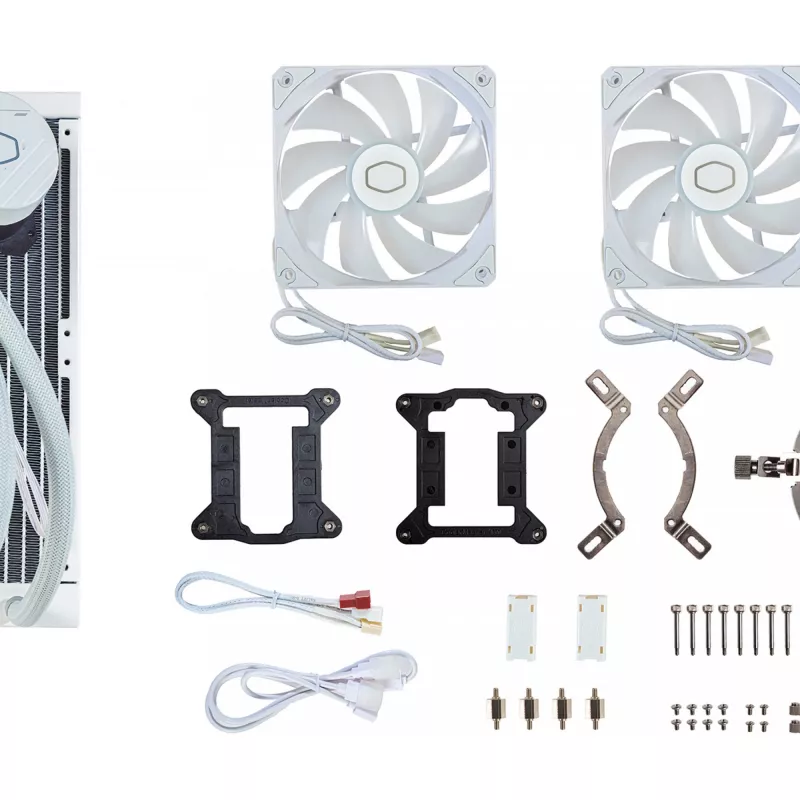 Vloeistofkoelingsset Cooler Master MasterLiquid 240L Core ARGB wit — 240-mm-radiator, 120-mm-ventilator, ondersteunt LGA1700/AM5/AM4 en oudere sockets