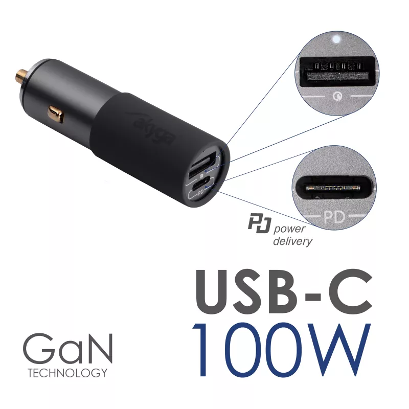 Akyga AK-CH-26 GaN-auto-oplader 12/24 V, 100 W, USB-C PD 3.0 + USB-A QC 3.0, grijs