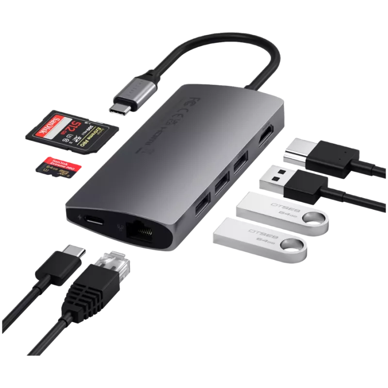 Satechi aluminium adapter V2 USB-C (USB-C, 3x USB-A, 4K HDMI, kaartlezer micro/SD, Ethernet) (Starlight Grey)