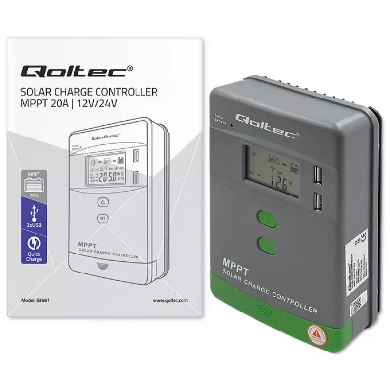 Qoltec, solar MPPT-laadregelaar met temperatuursensor 20A 12V/24V display LCD 2 X USB