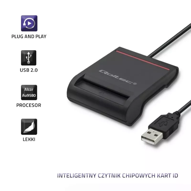 ID-kaartlezer QOLTEC smartchip-ID-kaartlezer — USB, zwart, 84,5×65×16 mm, 63 g