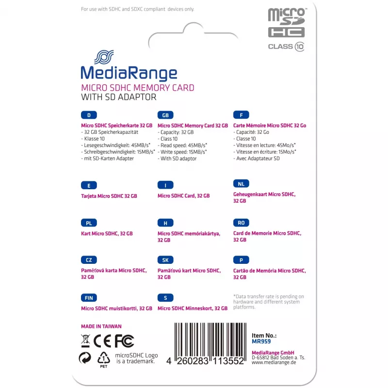 GEHEUGEN MICRO SDHC 32GB C10/MIT ADAPTER MR959 MEDIARANGE