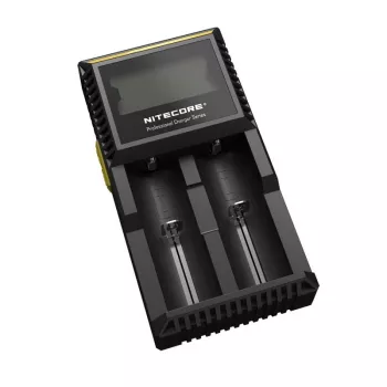 Batterijoplader Nitecore D2 — 2-vaks oplader voor AA/AAA/AAAA/C-accu's, 100–240V ingangsspanning, 4,2V uitgangsspanning, zwart