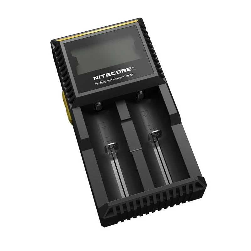 Batterijoplader Nitecore D2 — 2-vaks oplader voor AA/AAA/AAAA/C-accu's, 100–240V ingangsspanning, 4,2V uitgangsspanning, zwart