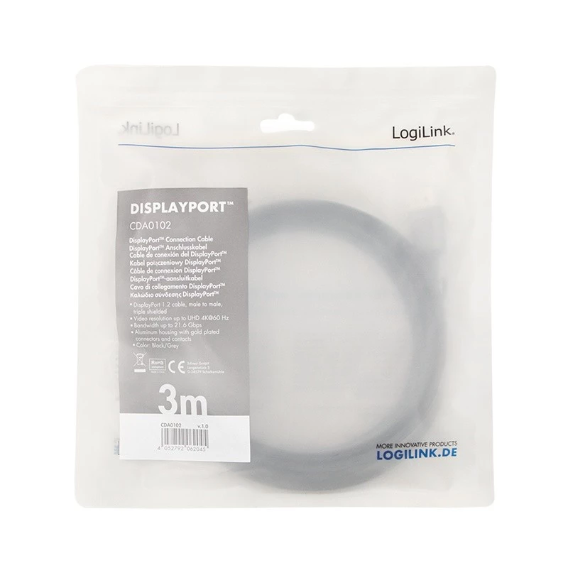 DisplayPort-kabel LogiLink CDA0102 3 m grijs zwart