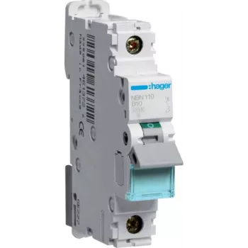 Hager NBN110. Nominale stroom: 10 A. Type: B-karakteristiek, aantal modules (max): 1 module(s). Breedte: 17,5 mm, diepte: 70 mm, hoogte: 83 mm (NBN110)