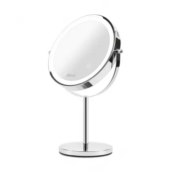 Vrijstaande cosmeticaspiegel Girmi BE02 – rond, roestvrij staal, LED-touchbediening, 1x/3x vergroting, USB-C oplaadbaar (1000 mAh)
