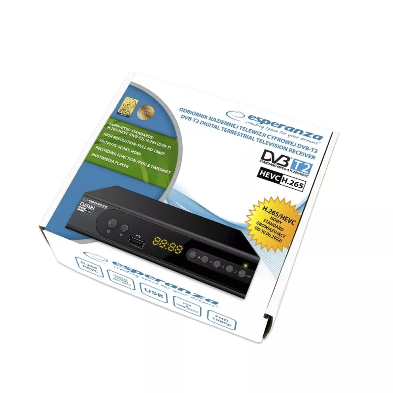 Set-top-box ESPERANZA EV106R kabeltuner DVB-T2 / DVB-C HEVC H.265, HDMI, USB, PVR, Dolby Digital, 174–790 MHz, zwart