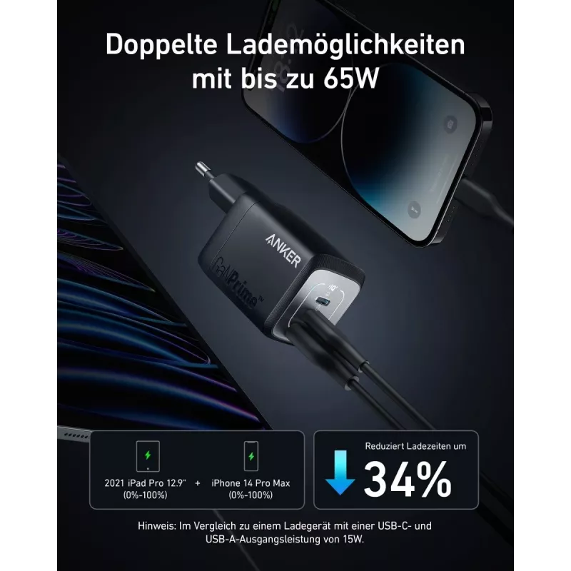 Indoor USB-snellader Anker Prime A2669313 – 67 W, 1×USB-A, 2×USB-C, zwart
