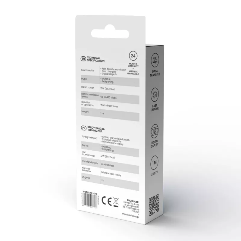 Savio CL-174 USB-C-naar-USB-C-kabel, 100 W, Power Delivery/Quick Charge, digitaal display, 1 m, groen