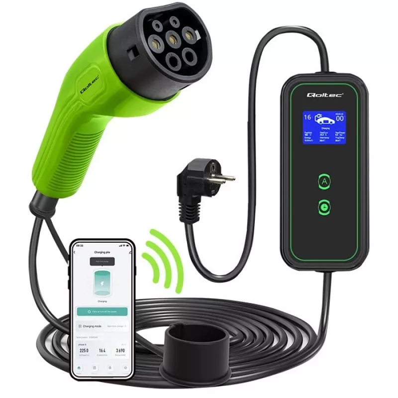 Qoltec Mobiele EV-autolader Verstelbaar 2in1 Type2 | 3.5kW | 230V | Wi-Fi | LCD | Draagbaar | Wallbox | 5m