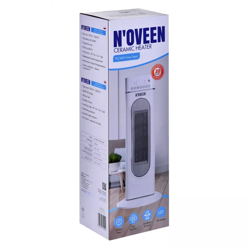 Elektrische keramische kachel NOVEEN PTC3000, 2000 W (1200 W min), LED-display, timer, afstandsbediening, oscillatie, wit