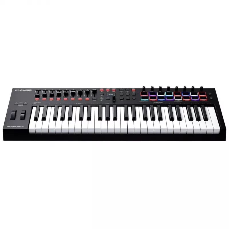 M-Audio Oxygen Pro 49 MIDI-toetsenbordcontroller — 49 toetsen, 16 pads, 9 faders, OLED-display, USB, MIDI-out