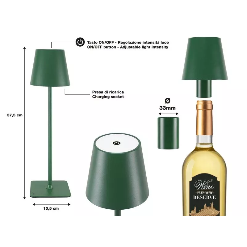 Beper P201UTP115 oplaadbare LED-tafellamp, 1,5 W, aanraakschakelaar, dimbaar, flesadapter van 33 mm, waterbestendig, groen