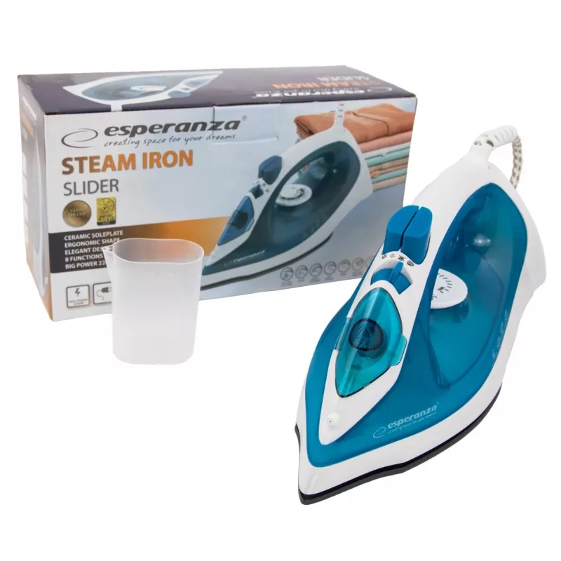 Esperanza EHI002 Slider stoomstrijkijzer, 2200 W, keramische zoolplaat, verticale stoom, wit/blauw