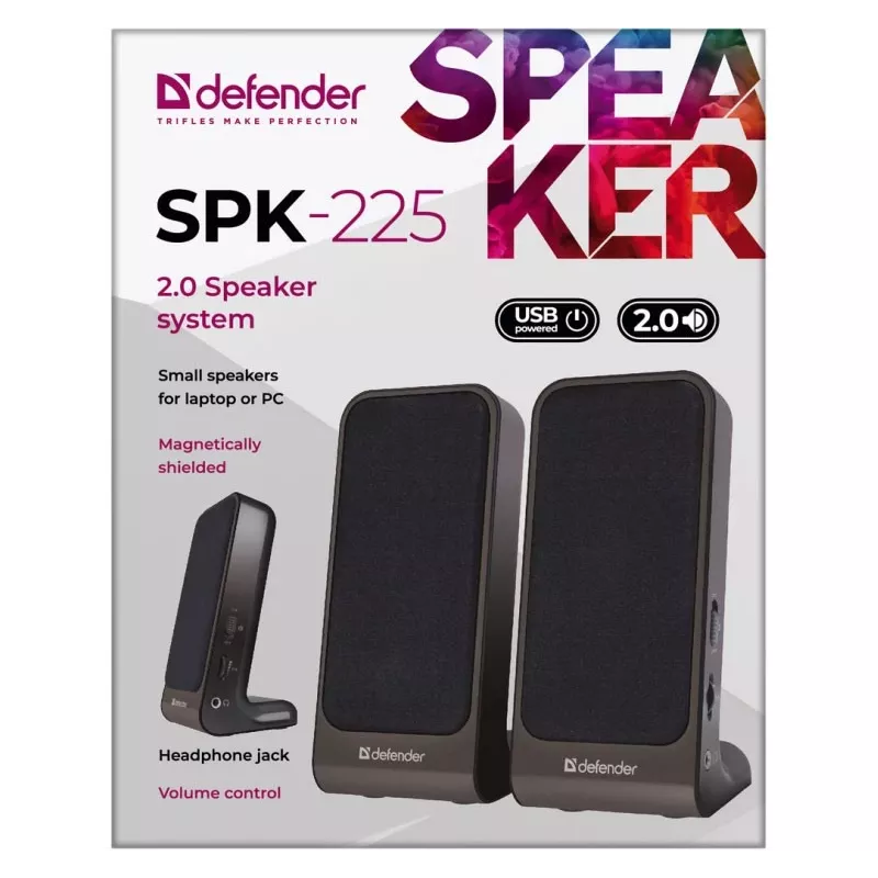 DEFENDER SPK-225 bekabelde 2.0-luidsprekers, 4 W RMS, USB/DC 5 V, 3,5 mm, zwart