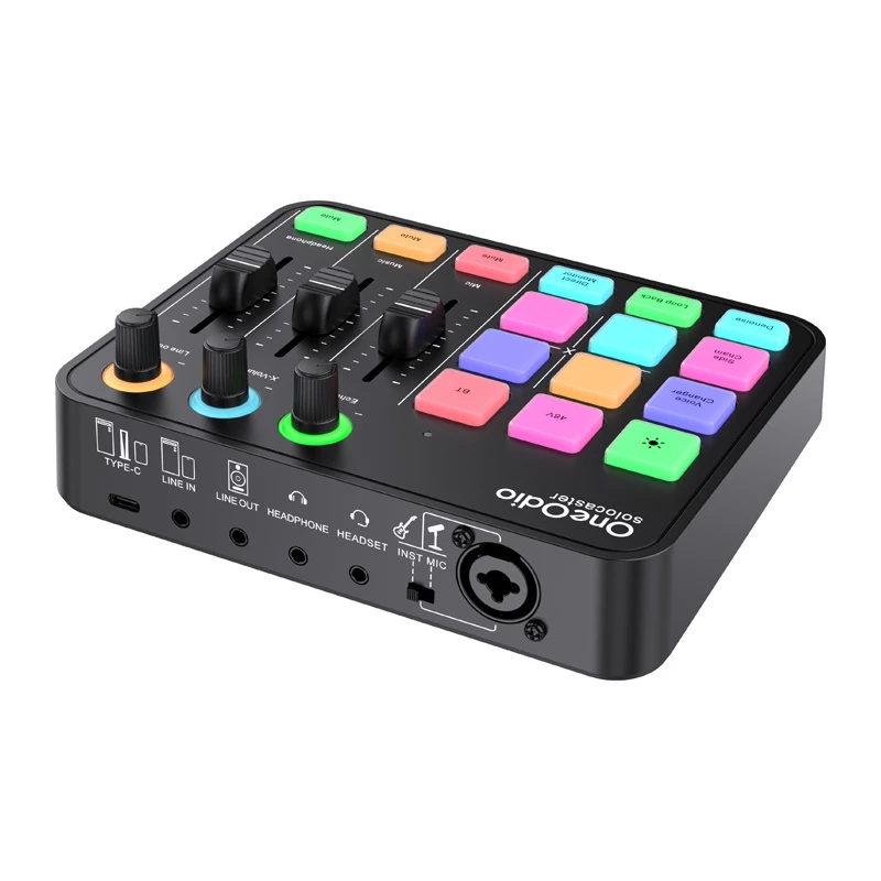 Audiomixer en USB-soundcard OneOdio Solocaster – compacte desktop-interface voor streaming en opnemen