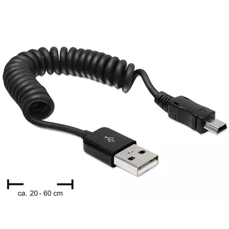 DeLOCK 83164 USB 2.0 spiraalkabel, USB-A naar Mini-USB B, 0,6 m, zwart