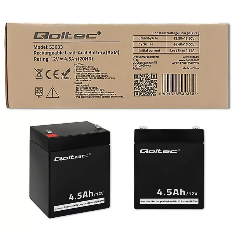 Qoltec 53033 AGM-accu 12 V 4,5 Ah, max. 1,35 A, onderhoudsvrij