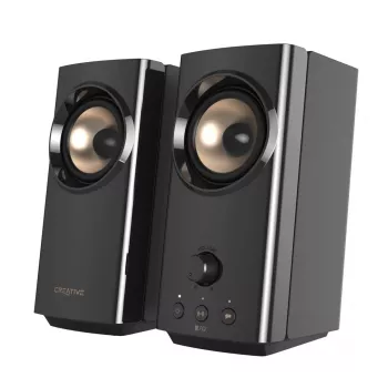 CREATIVE T60 2.0 compacte Hi-Fi desktop-luidsprekers met heldere dialoog en surround via Sound Blaster SmartComms Kit, USB-C audio-, microfoon- en headsetaansluitingen B