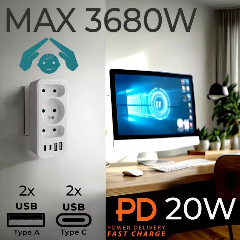 Power splitter MACLEAN MCE248 F/W — 3 AC-stopcontacten (1×16A, 2×6A) + 4×USB (2×A, 2×C PD 20W), EU-stekker, wit