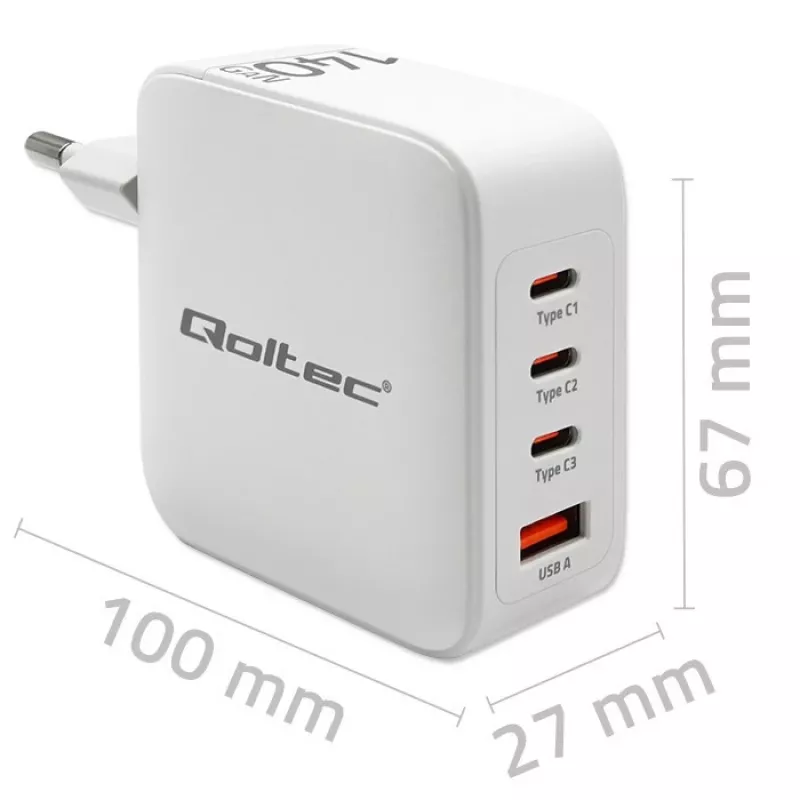 Oplader QOLTEC 51828 140W GaN 3×USB‑C PD + 1×USB‑A QC 3.0 – multiport-snellader